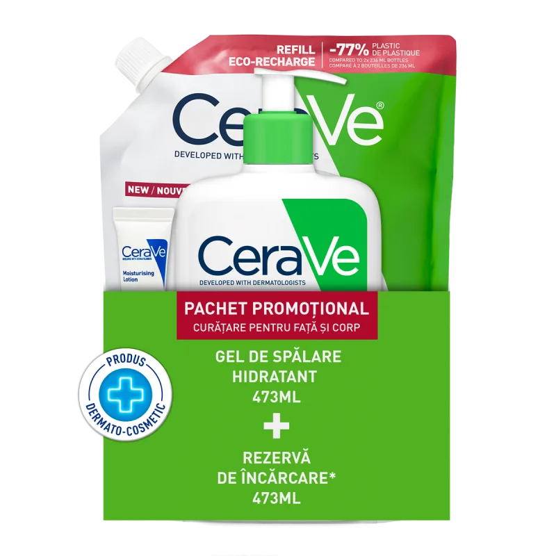 Pachet Gel de spalare hidratant 473ml + Refill Gel de spalare hidratant 473ml + Lotiune hidratanta 5ml, CeraVe — preț și oferte