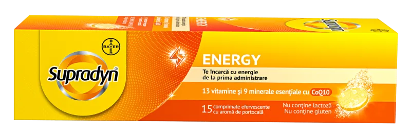Supradyn Energy Multivitamine – Complex de  Vitamine B - Coenzima Q10 - 13 Vitamine – 9 minerale - Boost de energie 15 comprimate efervescente BAYER — preț și oferte