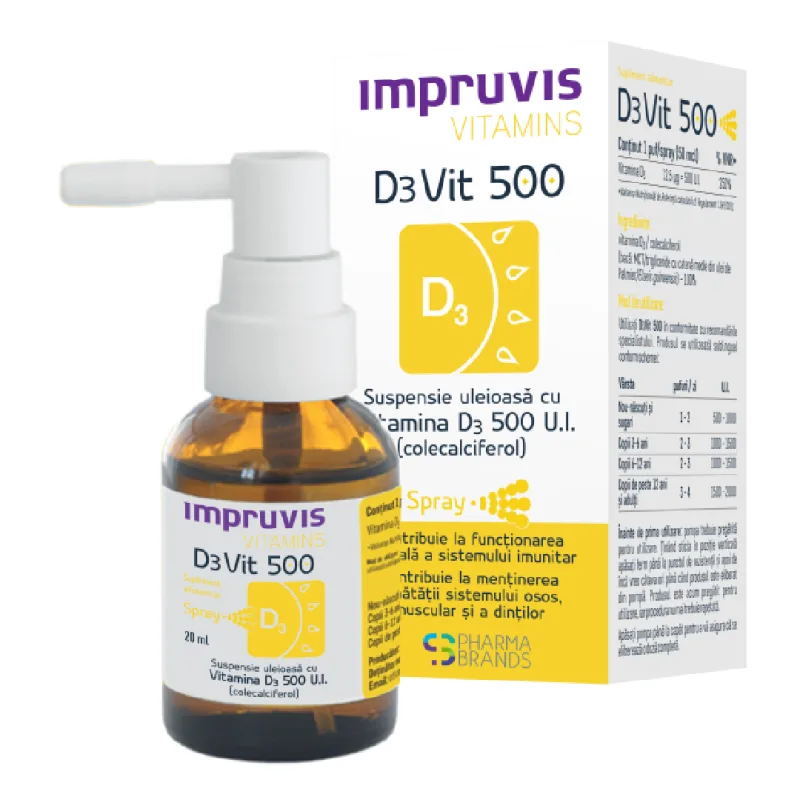 Suspensie uleioasa cu Vitamina D3 500 U.I. spray D3Vit, 20 ml, Impruvis — preț și oferte