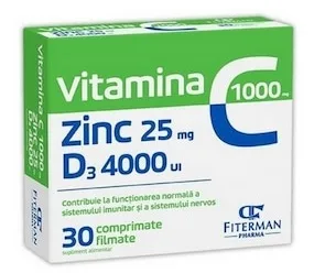 Vitamina C 1000 mg + Zn 25 mg + D3 4000UI, 30 comprimate filmate FITERMAN PHARMA — preț și oferte