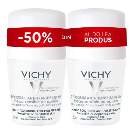 Vichy Pachet Deodorant Roll-on Antiperspirant 48h fara parfum 50 ml 1 + 1 50% din al II lea — preț și oferte