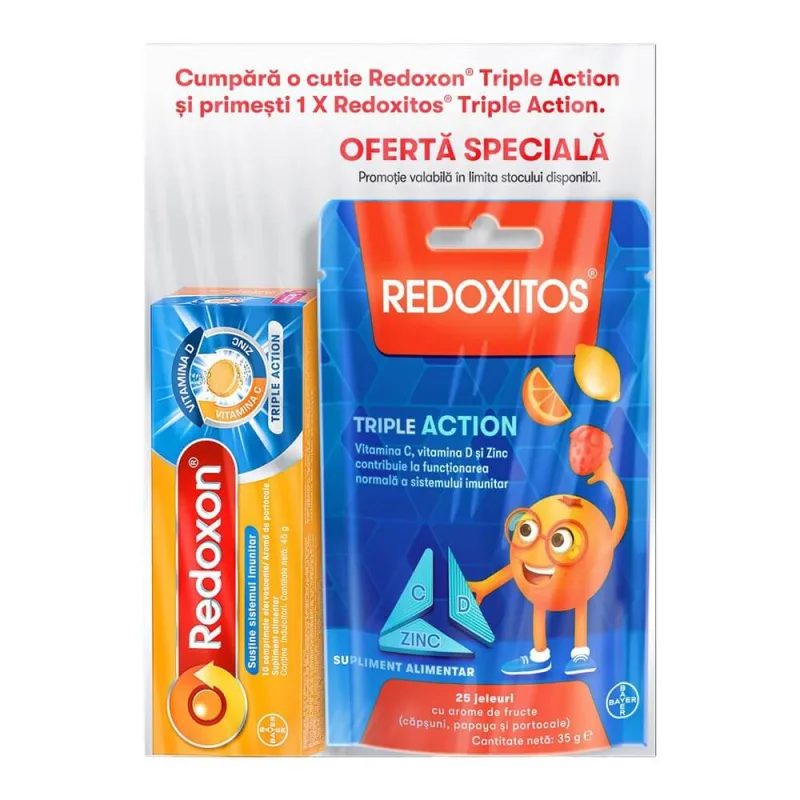 Redoxon Triple Action Vitamine si Zinc pentru sustinerea imunitatii 10 comprimate efervescente + Redoxitos Triple Action, Vitamina C suport imunitar 25 de jeluri gumate BAYER — preț și oferte